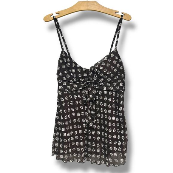 H&M Y2K Tank Top Babydoll Floral Daisy Chiffon Bow Brown Flowy Cottage Size 4 - Picture 3 of 11